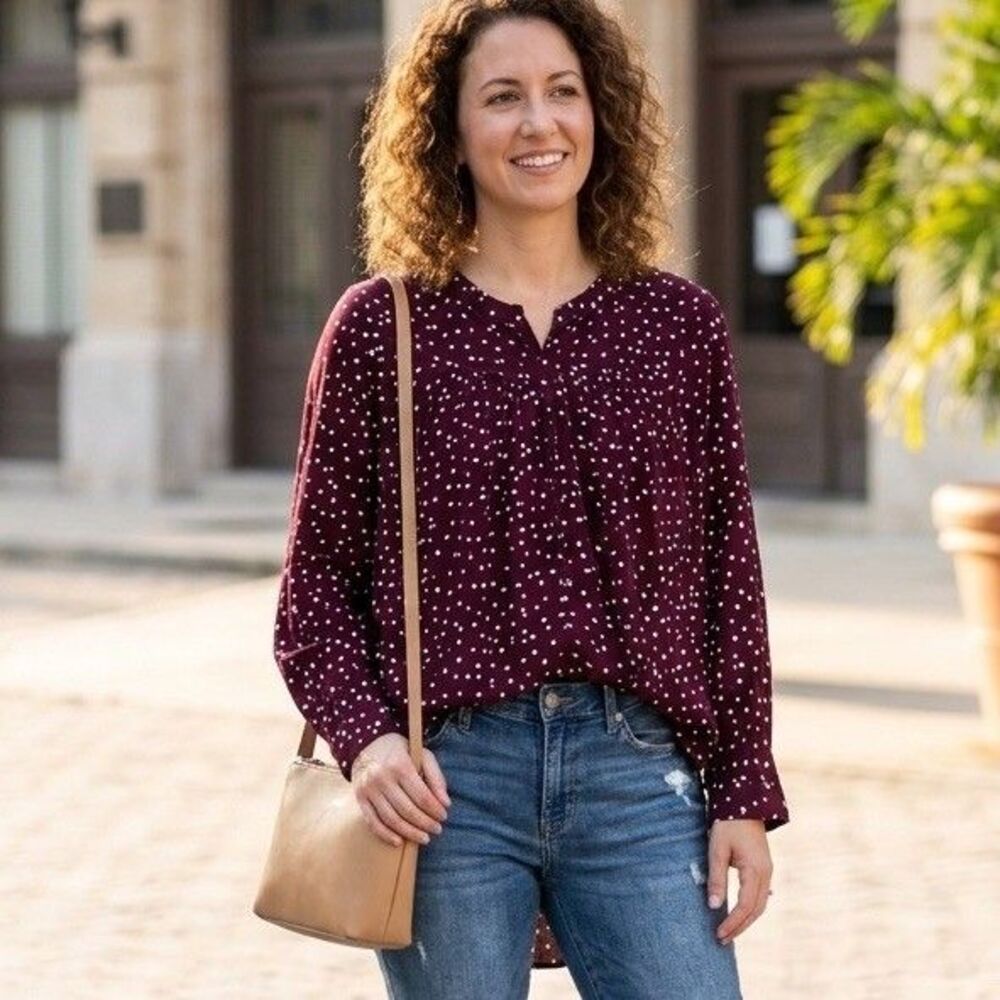 Anthropologie Maeve Linden Polka Dot Blouse Burgundy Maroon Dolman Sleeve Small